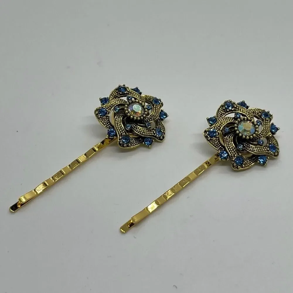 Handmade Blue Rhinestone Gold Set Hair Clips Whimsical HoCo Fairy Jewelry NWT